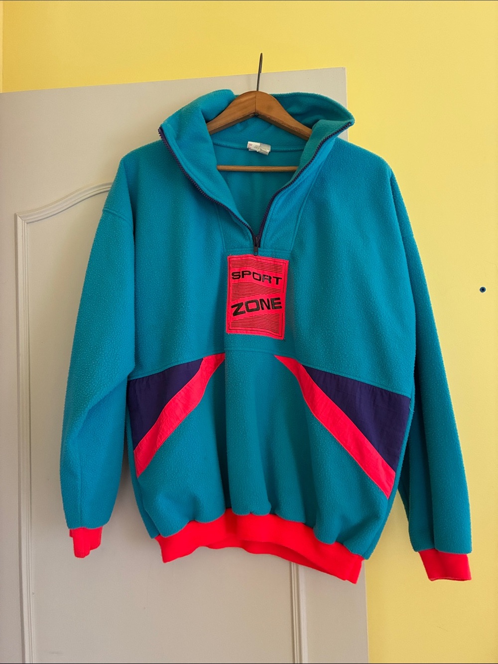 Vintage Teal Half-Zip Sweatshirt with Pink and Purple Accents